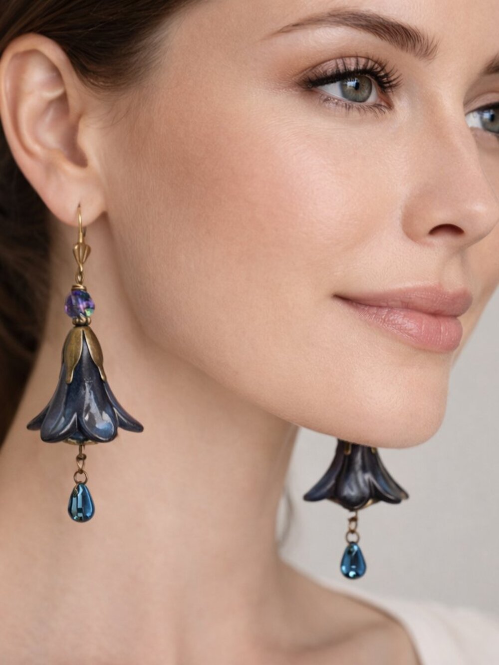 Deep Blue Hand Painted Lucite Flower Earrings, Crystal, Filigree Bronze Cap